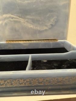 Large Vintage Genuine Incolay Stone Hinged Jewelry Box Blue & White Birds Cameo