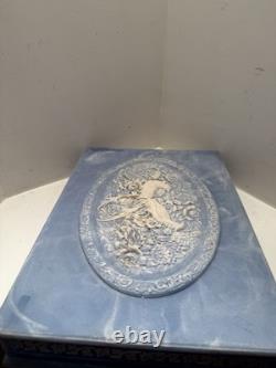 Large Vintage Genuine Incolay Stone Hinged Jewelry Box Blue & White Birds Cameo