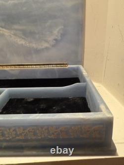 Large Vintage Genuine Incolay Stone Hinged Jewelry Box Blue & White Birds Cameo