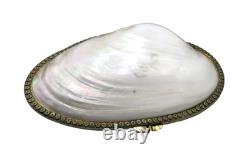 Large Vintage Mother of Pearl Trinket & Jewelry Box Elegant Shell Bag Gold frame