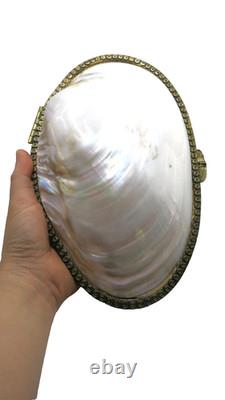 Large Vintage Mother of Pearl Trinket & Jewelry Box Elegant Shell Bag Gold frame
