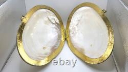 Large Vintage Mother of Pearl Trinket & Jewelry Box Elegant Shell Bag Gold frame