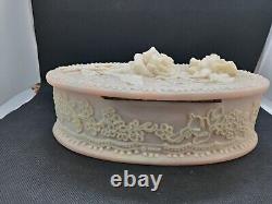Large Vintage Oval Incolay Stone Jewelry Trinket Box, Hinged Lid, Hand Carved