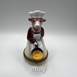 Limoges France Box- Vintage Brown & White Cow Cooking Frying Video Trinket