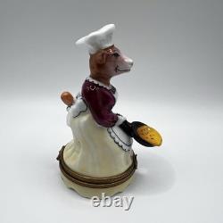 Limoges France Box- Vintage Brown & White Cow Cooking Frying Video Trinket