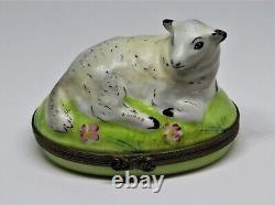 Limoges France Box Vintage Large Sheep Lying In A Meadow Lamb & Flowers