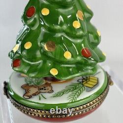 Limoges Vtg La Gloriette Porcelain Teddy Bear Christmas Tree Trinket Pill Box