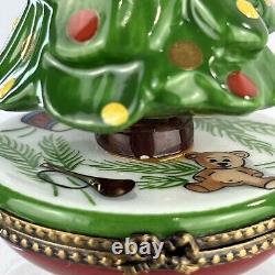 Limoges Vtg La Gloriette Porcelain Teddy Bear Christmas Tree Trinket Pill Box