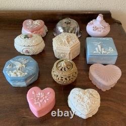 Lot Of Vintage Vanity Dresser Covered Boxes Glass Porcelain Heart Lenox