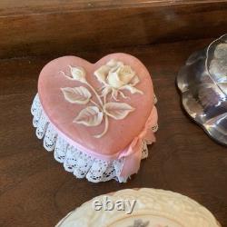 Lot Of Vintage Vanity Dresser Covered Boxes Glass Porcelain Heart Lenox