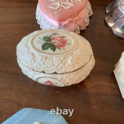 Lot Of Vintage Vanity Dresser Covered Boxes Glass Porcelain Heart Lenox