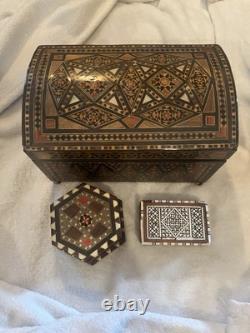 Lot of 3 Vintage Marquetry Inlay Boxes 1 Wooden Box & 2 Hexagonal Trinkets