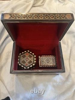 Lot of 3 Vintage Marquetry Inlay Boxes 1 Wooden Box & 2 Hexagonal Trinkets