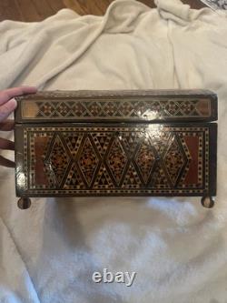 Lot of 3 Vintage Marquetry Inlay Boxes 1 Wooden Box & 2 Hexagonal Trinkets