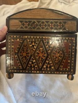 Lot of 3 Vintage Marquetry Inlay Boxes 1 Wooden Box & 2 Hexagonal Trinkets