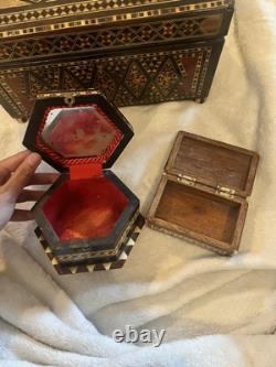 Lot of 3 Vintage Marquetry Inlay Boxes 1 Wooden Box & 2 Hexagonal Trinkets