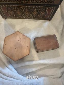 Lot of 3 Vintage Marquetry Inlay Boxes 1 Wooden Box & 2 Hexagonal Trinkets