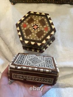 Lot of 3 Vintage Marquetry Inlay Boxes 1 Wooden Box & 2 Hexagonal Trinkets