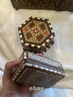 Lot of 3 Vintage Marquetry Inlay Boxes 1 Wooden Box & 2 Hexagonal Trinkets