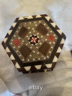 Lot of 3 Vintage Marquetry Inlay Boxes 1 Wooden Box & 2 Hexagonal Trinkets