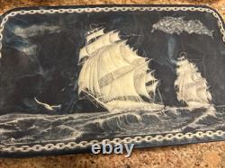 MUST SEE Vintage Incolay Stone Blue Jewelry Box MARINERS NAUTICAL SHIP 12x7.5