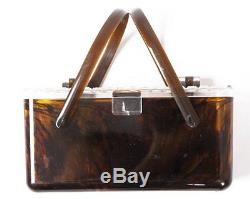 Merle Norman' Faux Tortoise Shell Lucite Box Handbag with Carved Style Lid