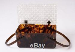 Merle Norman' Faux Tortoise Shell Lucite Box Handbag with Carved Style Lid