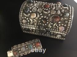 Moroccan Jeweled Box Trinket And Lighter Sleeve/Cover Silvered Vintage Set