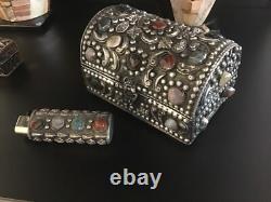 Moroccan Jeweled Box Trinket And Lighter Sleeve/Cover Silvered Vintage Set