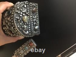 Moroccan Jeweled Box Trinket And Lighter Sleeve/Cover Silvered Vintage Set