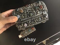 Moroccan Jeweled Box Trinket And Lighter Sleeve/Cover Silvered Vintage Set