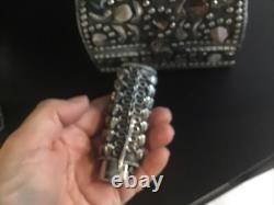 Moroccan Jeweled Box Trinket And Lighter Sleeve/Cover Silvered Vintage Set
