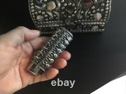 Moroccan Jeweled Box Trinket And Lighter Sleeve/Cover Silvered Vintage Set