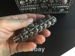 Moroccan Jeweled Box Trinket And Lighter Sleeve/Cover Silvered Vintage Set