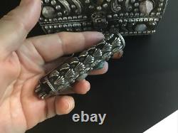 Moroccan Jeweled Box Trinket And Lighter Sleeve/Cover Silvered Vintage Set