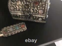 Moroccan Jeweled Box Trinket And Lighter Sleeve/Cover Silvered Vintage Set