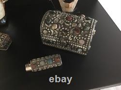 Moroccan Jeweled Box Trinket And Lighter Sleeve/Cover Silvered Vintage Set