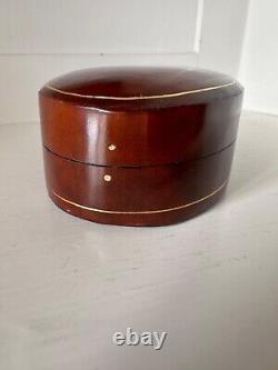 NEW Vintage 1980 Gorgeous Leather Oval Box Dark Chestnut & Gold Gilt 6x4