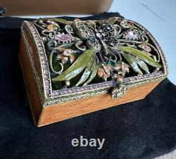 New Vintage Jay Strongwater Butterfly Trinket Box Enameled Crystals Golden