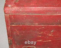 Old Antique Vtg 19th C 1890s Small Handled Wooden Box Original Crusty Red Paint