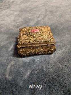 Old Vintage Ornate Brass Jewelry Trinket Box with Floral Embossed Lid & Velvet
