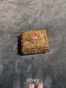 Old Vintage Ornate Brass Jewelry Trinket Box with Floral Embossed Lid & Velvet