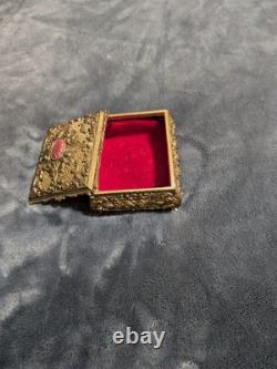Old Vintage Ornate Brass Jewelry Trinket Box with Floral Embossed Lid & Velvet