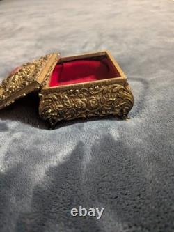 Old Vintage Ornate Brass Jewelry Trinket Box with Floral Embossed Lid & Velvet