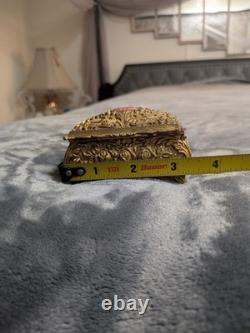 Old Vintage Ornate Brass Jewelry Trinket Box with Floral Embossed Lid & Velvet