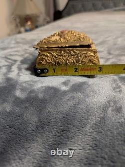 Old Vintage Ornate Brass Jewelry Trinket Box with Floral Embossed Lid & Velvet