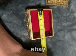 Old Vintage Ornate Brass Jewelry Trinket Box with Floral Embossed Lid & Velvet