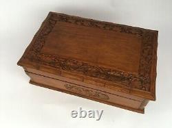 Old Vintage Wooden Handcrafted Hand Engraved Mirror Fitted Jewellery Box Puzzle