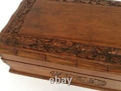 Old Vintage Wooden Handcrafted Hand Engraved Mirror Fitted Jewellery Box Puzzle