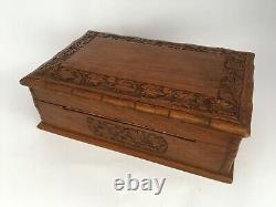 Old Vintage Wooden Handcrafted Hand Engraved Mirror Fitted Jewellery Box Puzzle